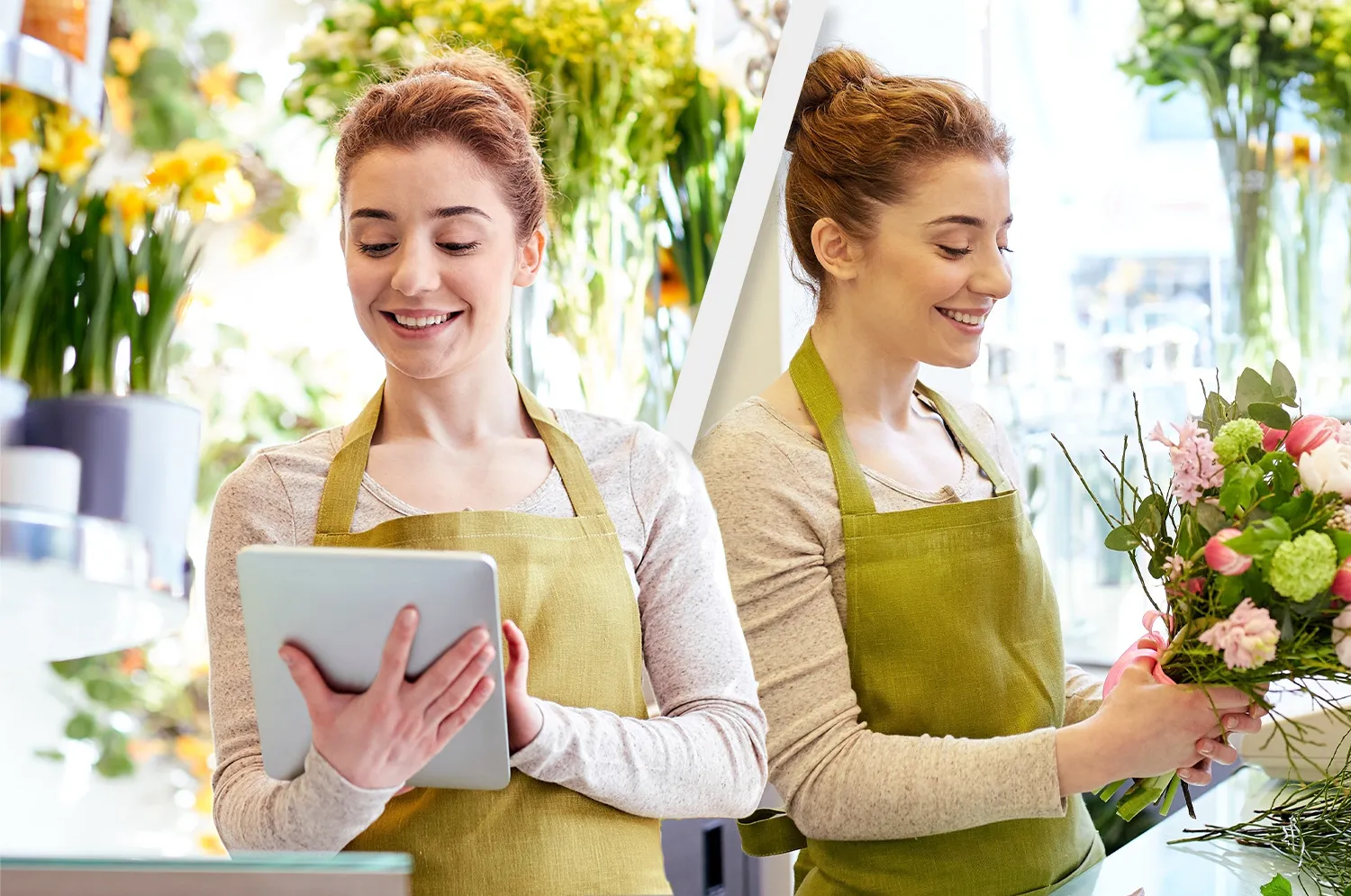 Deux fleuristes qui travaillent autant sur tablette que sur manuellement